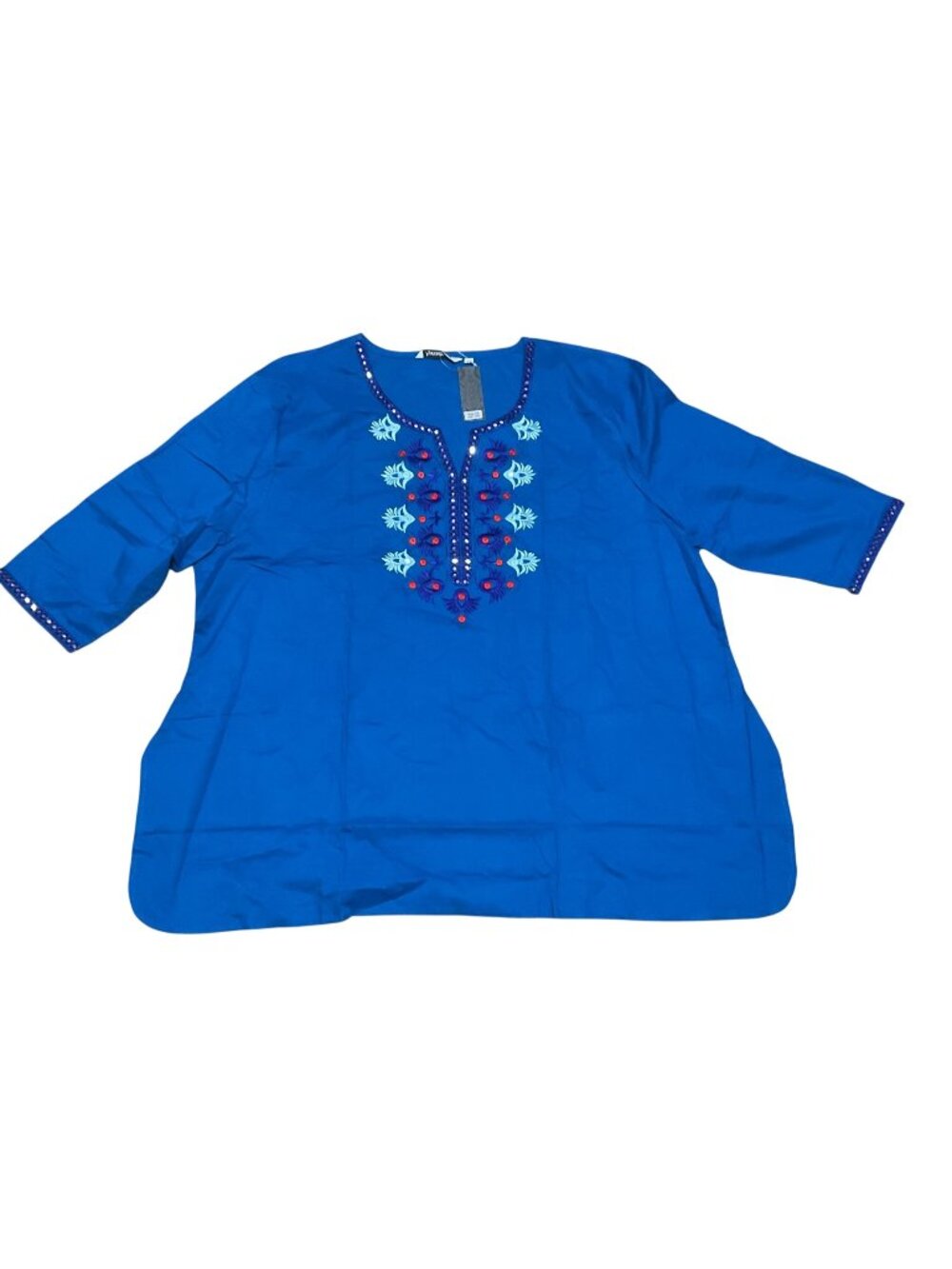 Ayurvastram Embroidered Blue Tunic Top Size 4X 3/4 Sleeves Lightweight Womens